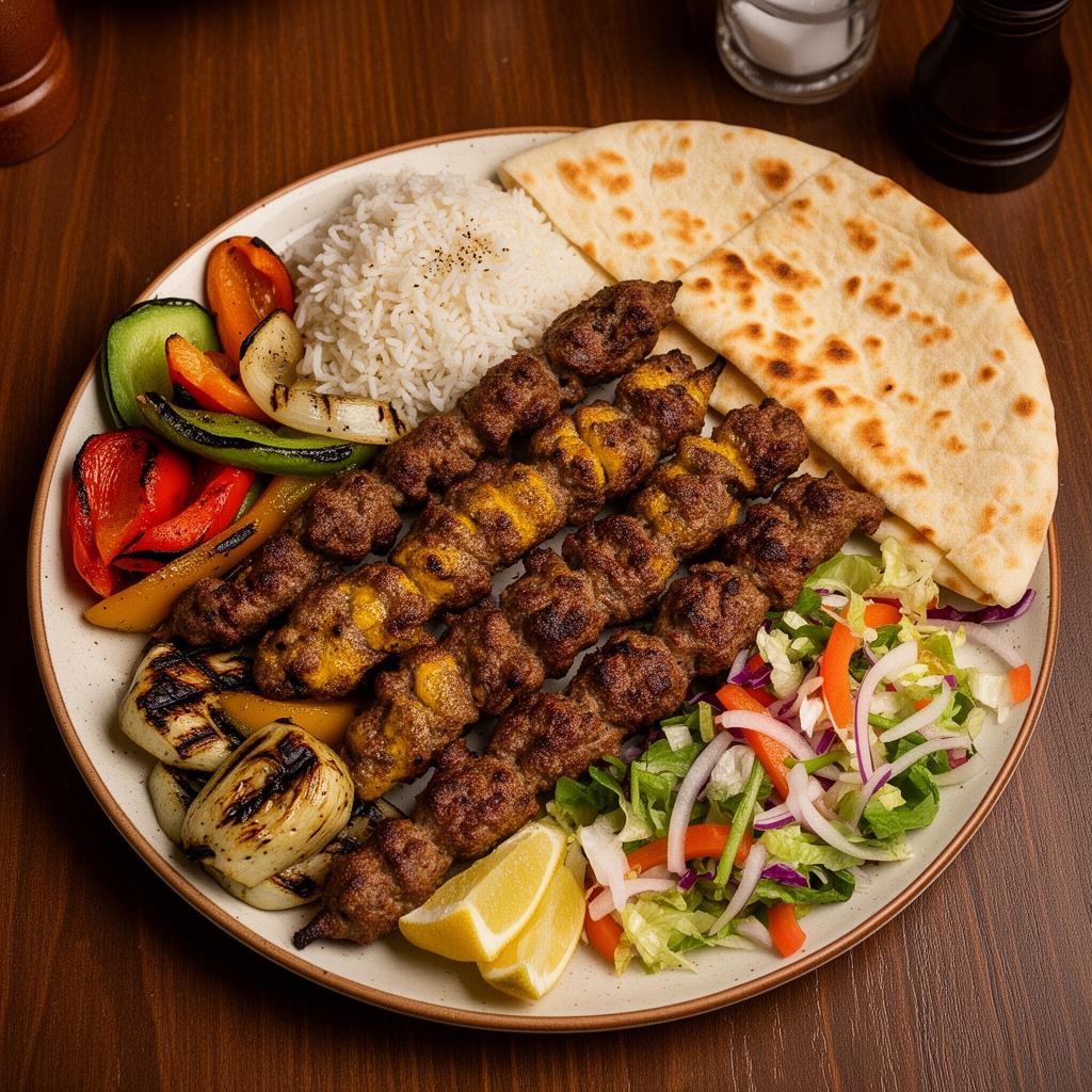 Mixed grill kebab platter with rice, vegetables and flatbread