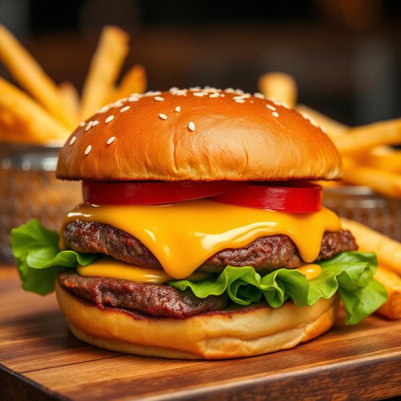 Gourmet beef burger with fries